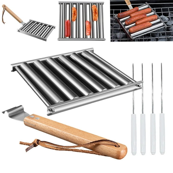 Hot Dog Roller for Girll, Stainless Steel Hotdog Roller Grill Sausage Roller with Long Wood Handle, BBQ Hot Dog Girller for Evenly Cooked Hot Dog, 5 Hot Dog Capacity