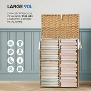 edx Laundry Basket with Lid, 90 L Hand-Woven PP Rattan Laundry Basket with Handle, Foldable, Removable Liner, Natural