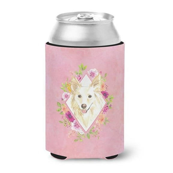White Collie Pink Flowers Can or Bottle Hugger