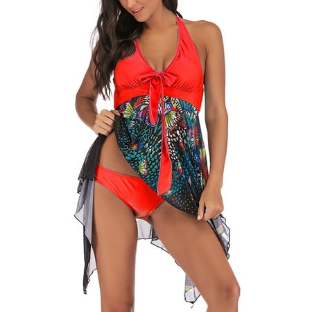 Red Halter Tankini - UKAP Womens Tankini Set Floral Printed Swimwear Plus Size Swimsuit Halter Neck Backless Asymmetric Hem Bandage Push-up Bathing Suit Beach Wear Swimdresses