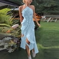 thumbnail image 1 of TaTaai Women's Chiffon V-Neck Spaghetti Strap Midi Dress Ruffle Pleated Design Flowy Long Dress Slim Fit Casual Dress for Daily Vacation Gift, 1 of 7