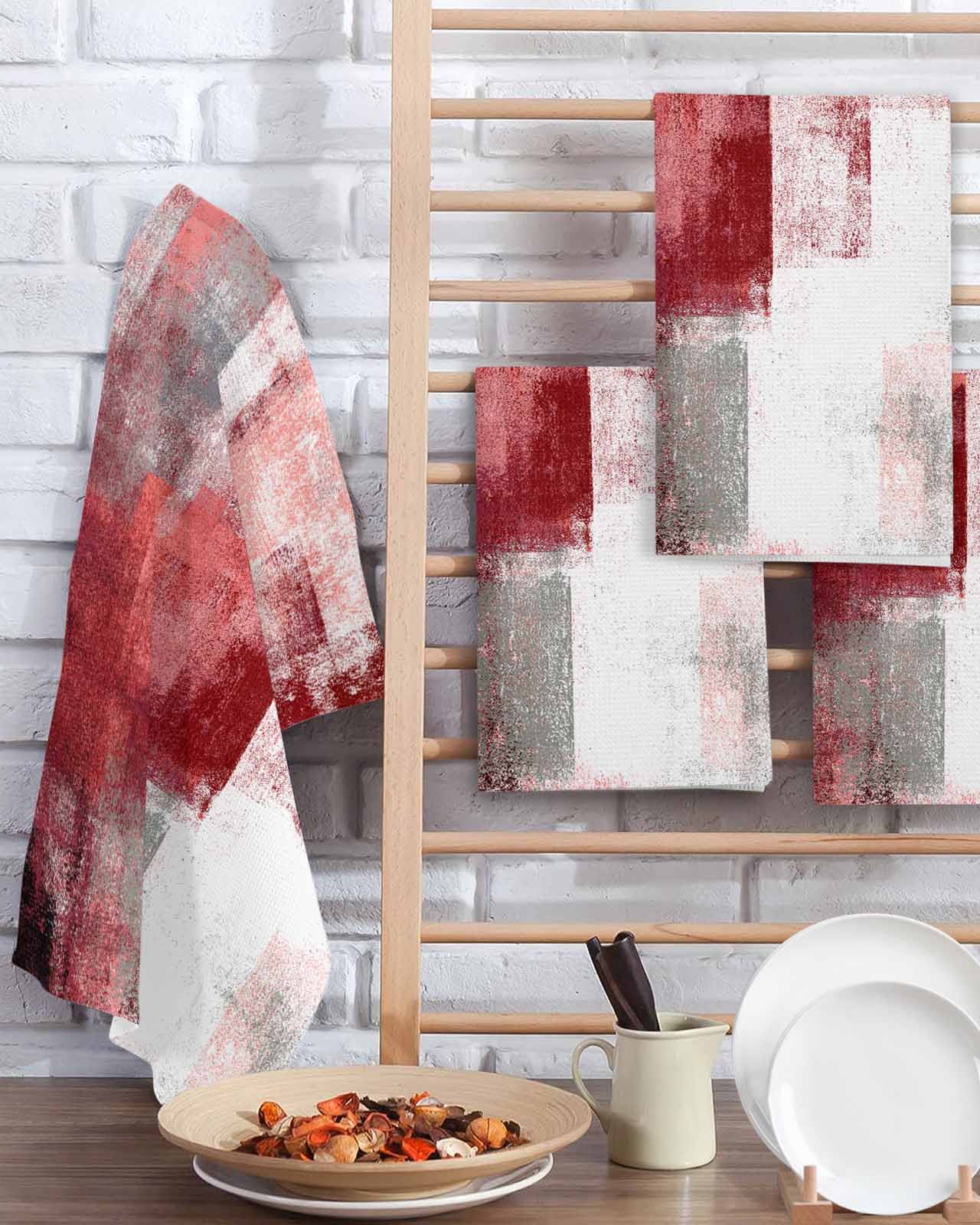 Red Ombre Kitchen Dish Towels for Drying Dishes Set of 2, Retro Farmhouse Abstract Mottled Texture Art Waffle Weave Microfiber Terry Hand Tea Bathroom Towels Quick Dry & Absorbent Towel 15.7x23.6