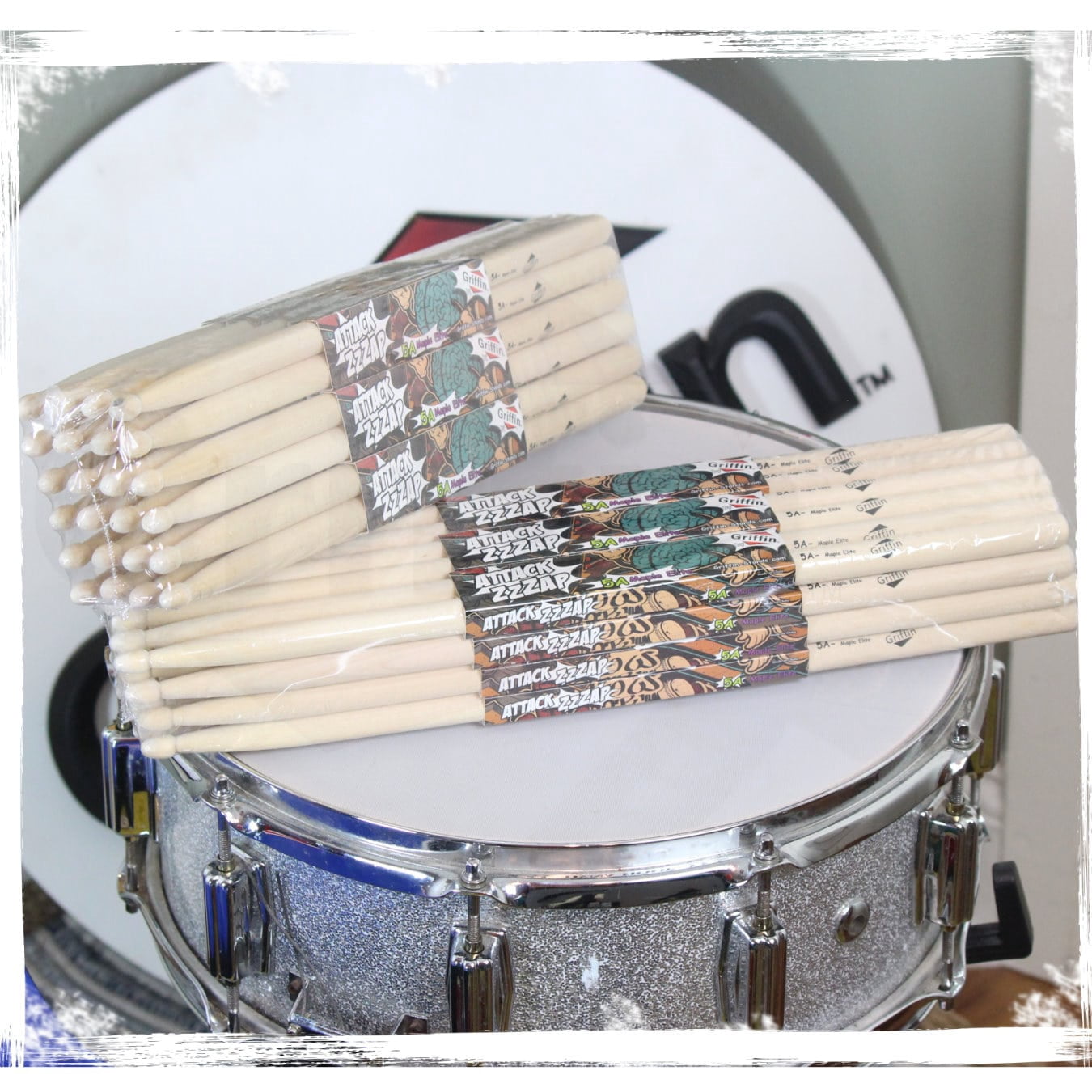 Griffin Attack Zzzap Drum Sticks - 24 Pairs of Select Elite Maple Wood Size 5A - Drummers Percussion Classic Pure Grit Uncoated, Raw Wood Drumming Sticks - Balanced, Level and Straight
