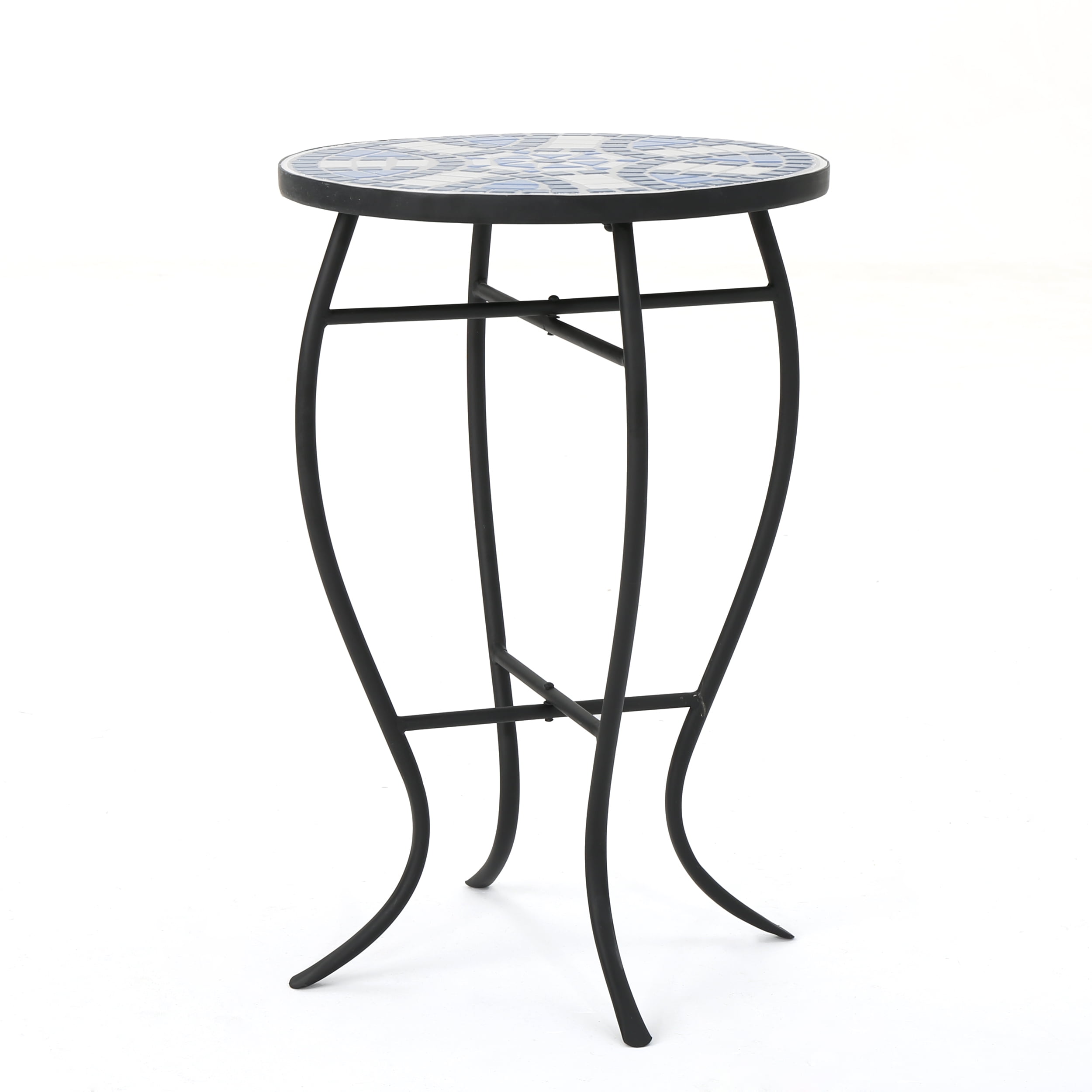 Outdoor Round Mosaic Top Side Table, Artistic Decor End Table for Patio Garden, Blue and White