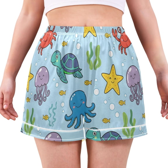 Crab Turtle Jellyfish Women's Pajama Shorts Silky Satin Casual Lounge Sleep Zero Pressure