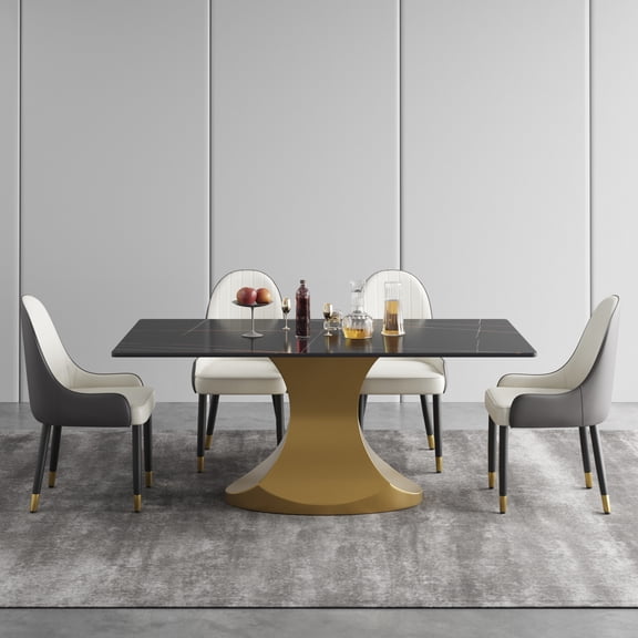 Magic Home 71" Light Luxury Sintered Stone Dining Table for 6 Person,Slate Rectangular Tabletop with Stainless Steel Base for Dining Room,Black Tabletop with I-shaped Gray Base