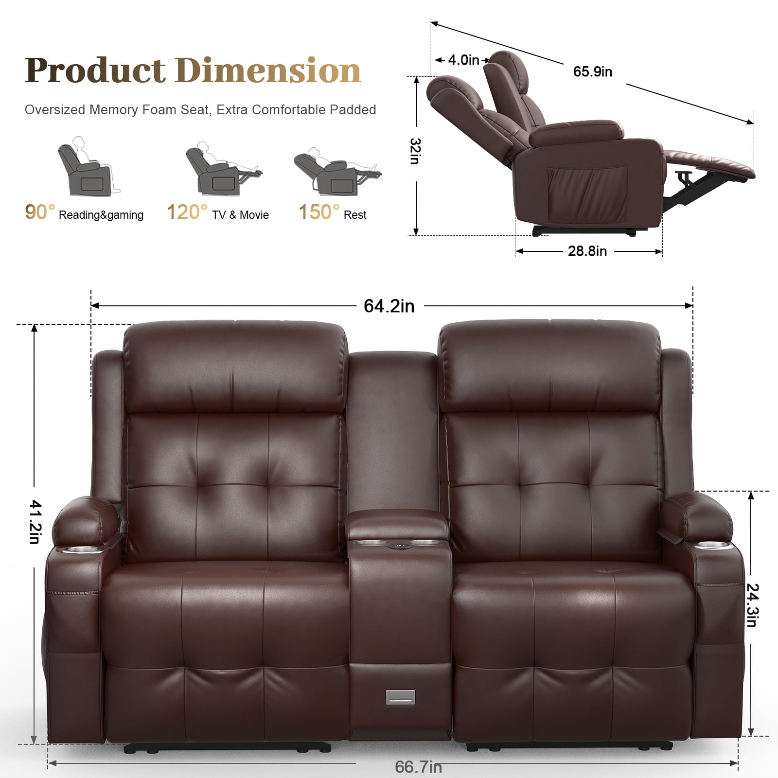 LOBERFVE Loveseat Recliner, 2 Seater Manual Recliner with Cup Holders, USB and Type-C Port, Faux Leather Recliner Chair with Massage Function for Living Room Furniture, Brown