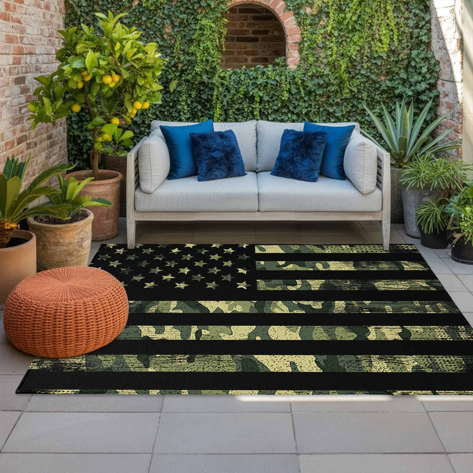 5' x 7' Outdoor Rug, Green Camouflage American Flag Outdoor Washable Rug Large Floor Carpet, Wooden Grain Non Shedding Area Rug for Outside Patio RV Porch Deck Balcony Camping Living Room