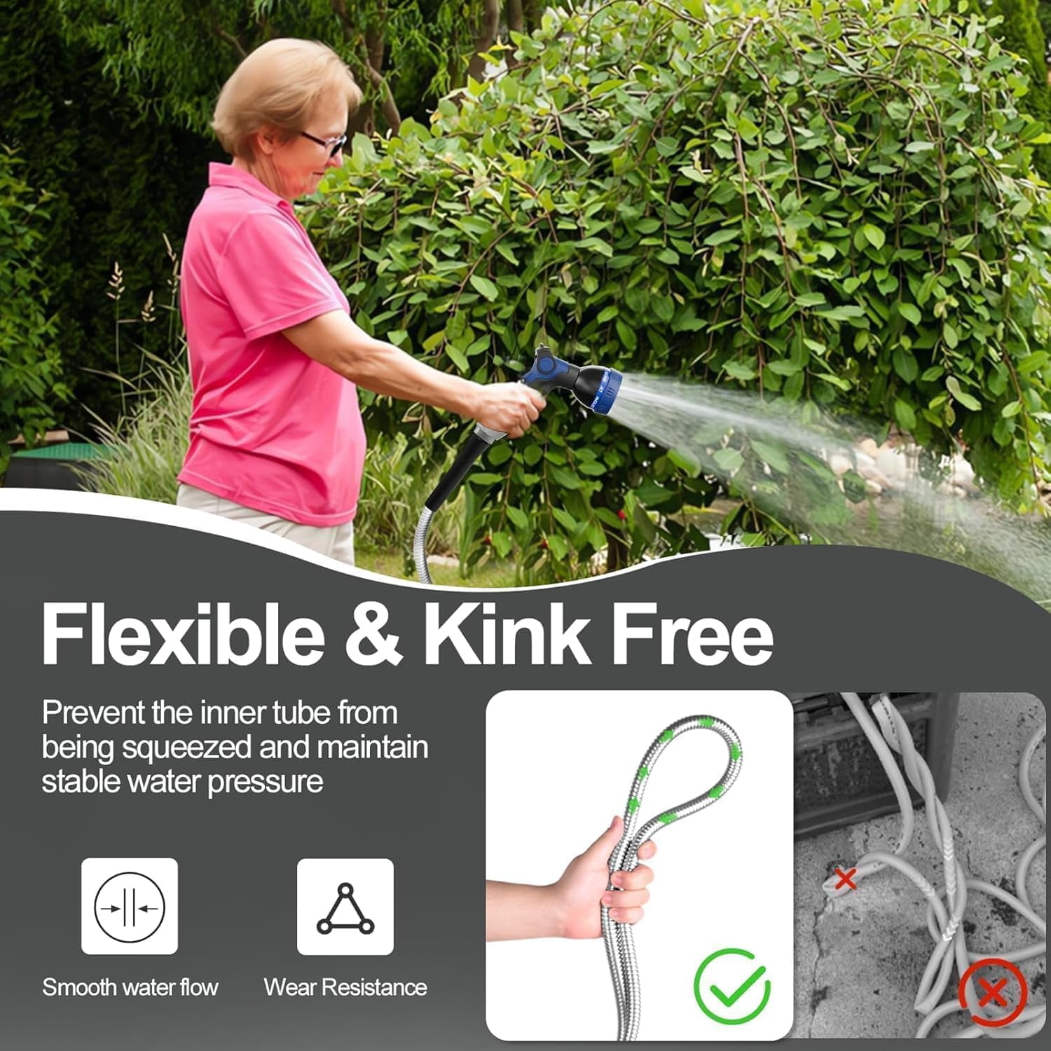 1/2" 304 Stainless Steel Garden Hose, 50FT Water Pipe with Heavy Duty Metal Nozzle for Yard, Outdoor, Lawn - Flexible, Never Kink & Tangle, Puncture Resistant
