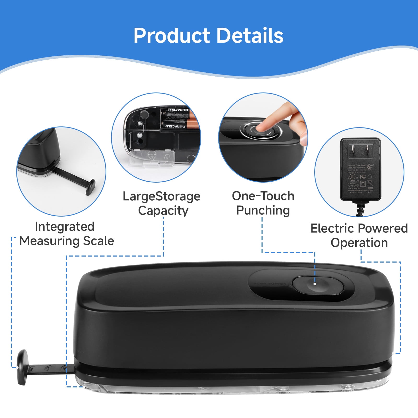 Bocyteopr Electric 3 Hole Punch, Effortless Paper Puncher,20-Sheet Capacity, AC/Battery Powered, 1 Count Included, for Home & Office Use, Black