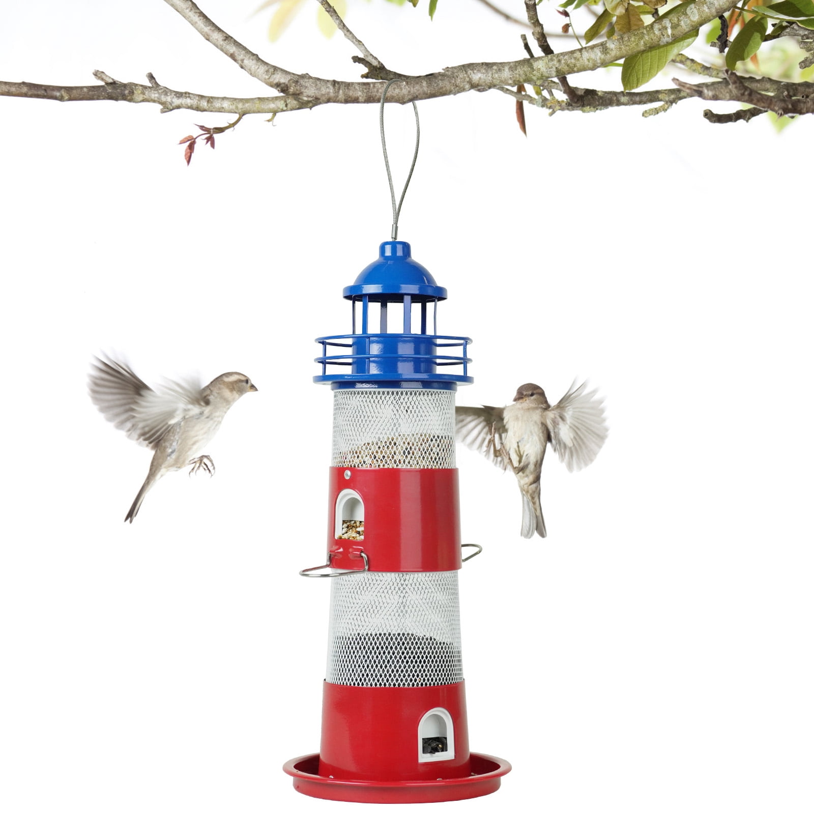 Birdkiss Wild Bird Feeder for Outdoors Hanging, Metal Squirrel-Proof Bird Seed Feeder with 4 lbs Large Capacity Layerable for Cardinal, Finch, Sparrow, Blue Jay - Blue & Red