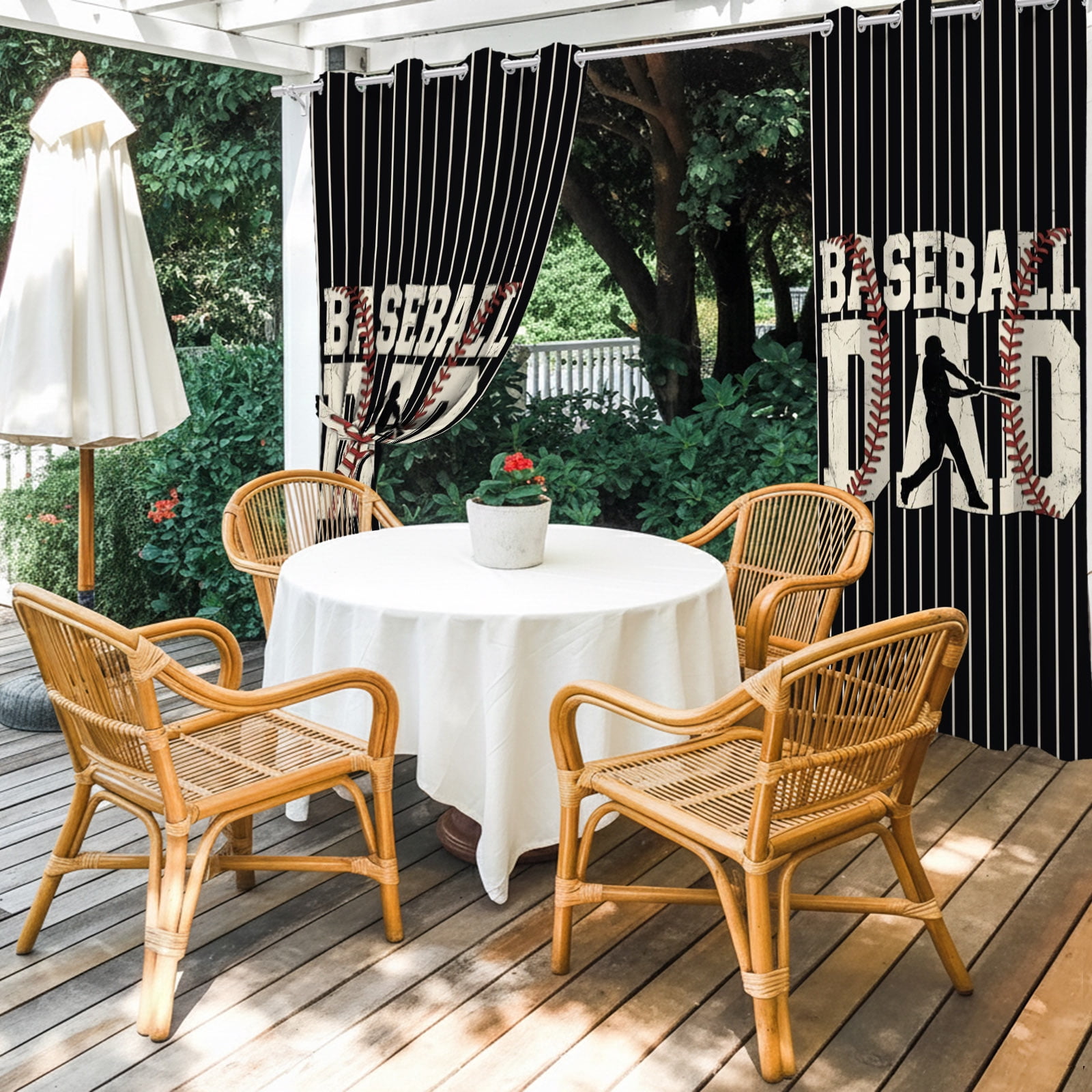 Baseball Dad Outdoor Curtains for Patio, Father's Day Strip Sport Black Background Sunshade Privacy Drapes Grommet Waterproof Outside Curtains for Porch/Cabana/Balcony 54"x 108", 1 Panel