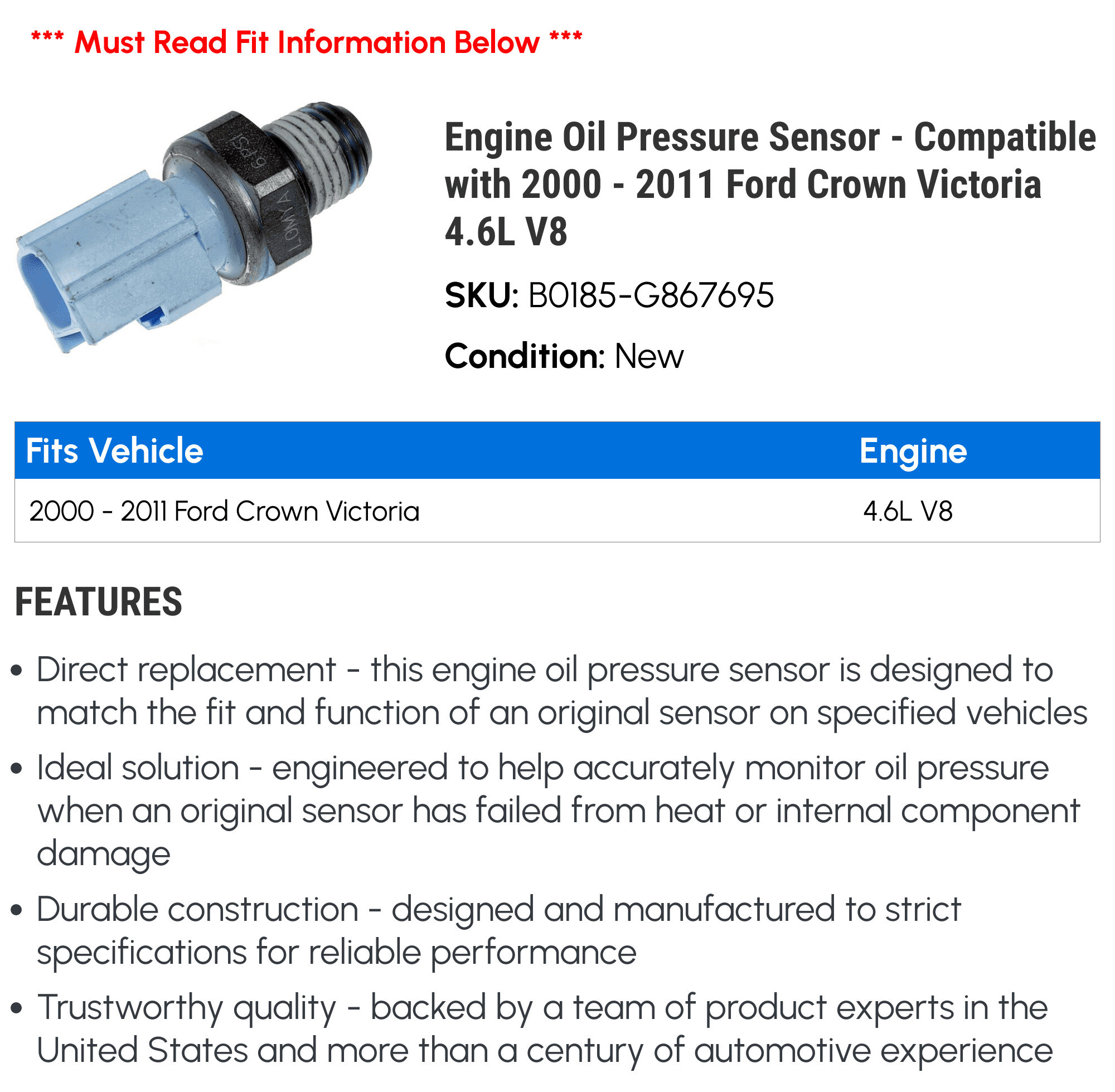 Engine Oil Pressure Sensor - Compatible with 2000 - 2011 Ford Crown Victoria 4.6L V8 - Dorman