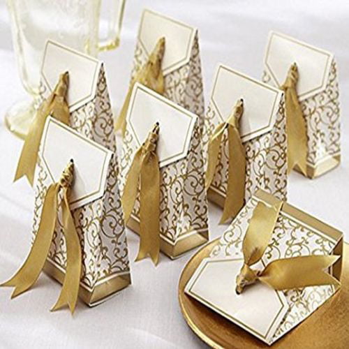 10/20/50/100 Gold Silver Ribbon Candy Box Gift Wedding Favor Sweet Party Decor