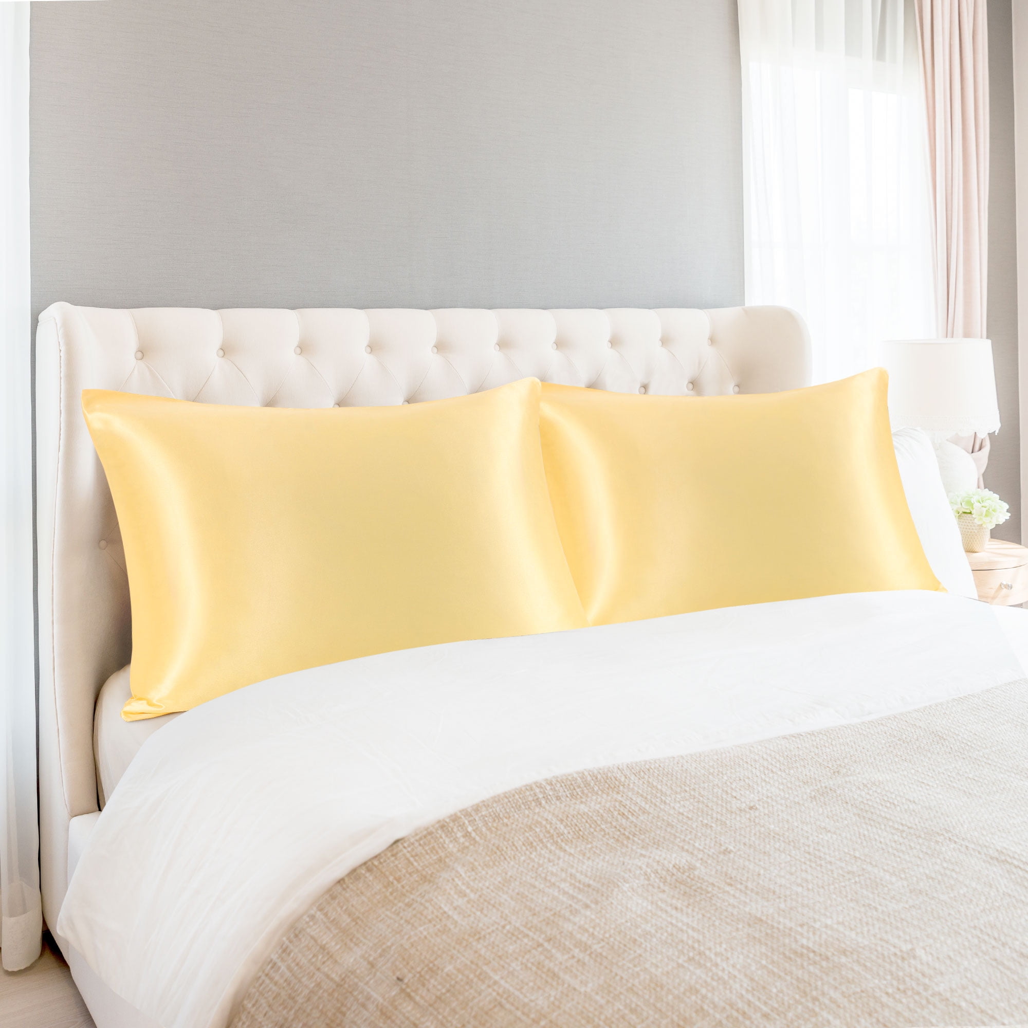 Unique Bargains Set of 2 Durable Soft Enveloped Closure Satin Pillowcase Gold Queen(20"x30")