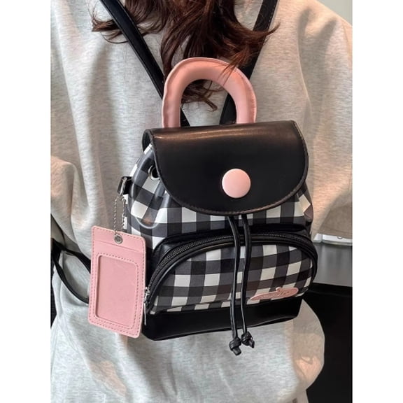 Sac à Dos Mignon pour Étudiante 2025 Printemps Nouveau Sac à Dos à Carreaux Contrastés, texture Haut de Gamme et Sac pour Femme à la Mode - Noir