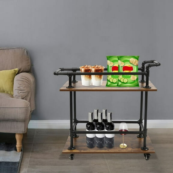 2 Tiers Industrial Coffee Table Bar Cart Trolley Rolling Casters Wheels Wine Rack