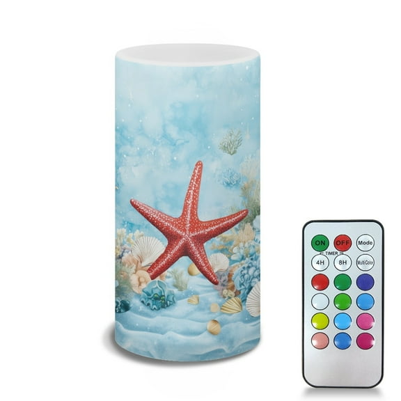 COEQINE Red Starfish Coral Blue Flickering Flameless LED Battery Candles Pillar Candles Tealight with 18-Key Timer Remote with Colorful Light for Indoor Outdoor Coastal Home Decoration