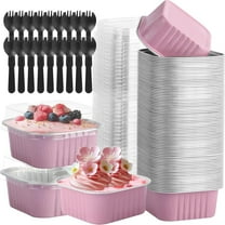 Topboutique Aluminum Foil Cups 30 Pcs 5 oz Dessert Cups Cupcake Liners Foil Baking Cup Disposable Ramekins Cake Pans Square Cupcake Container Foil Flan Baking Cups with Lids & Spoons for Party,Pink
