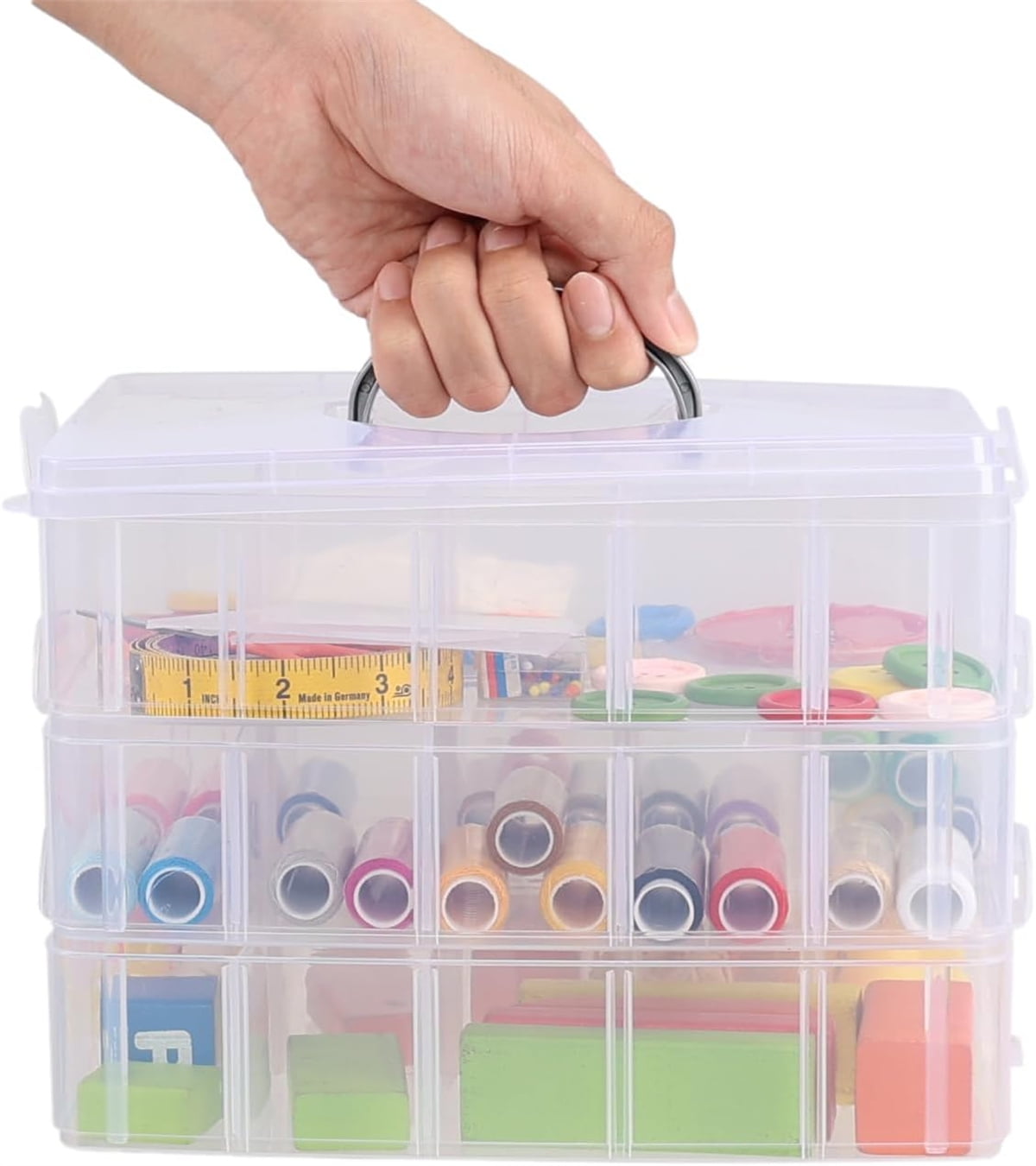 Tutuviw 3-Tier Things & Crafts Storage Box with 30 Adjustable Compartments Snap-Lock Tray Container Stackable Compartment Slot Plastic Storage Box, Container Box (Clear)
