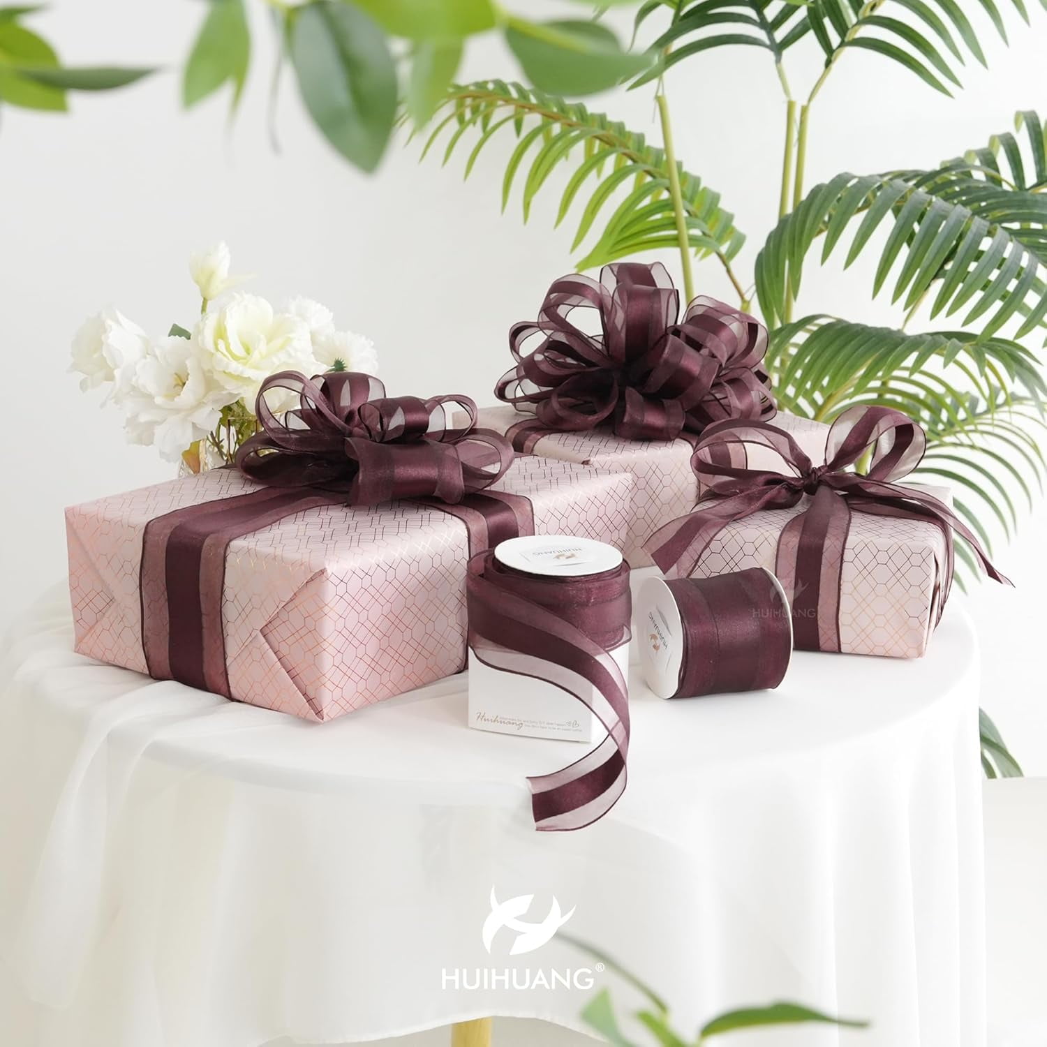 Burgundy Sheer Christmas Ribbon with Satin Stripe 2.5 inch Burgundy Wired Ribbon for Bows Making, Wreaths, Garland, Gift Wrapping, Wedding Bridal Shower Decorations-Continous 10 Yards