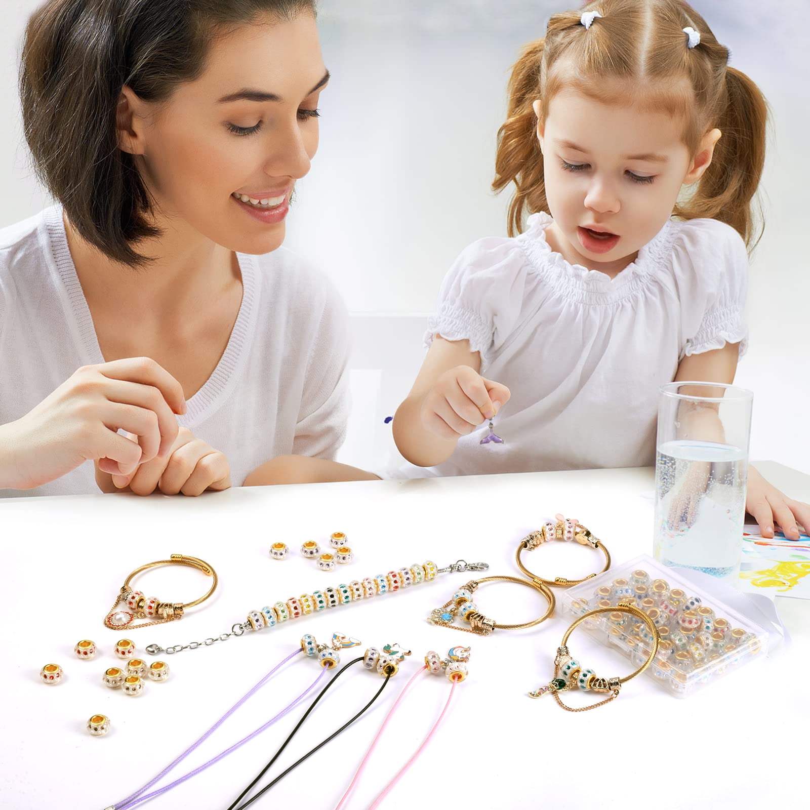 50 Pieces Girls' Lucky Beads Lover Amber Beads, Large Hole Spacer Beads European Craft Murano Beads for DIY Charms Bracelet Jewelry Making(Golden core+Mixed Rhinestones)