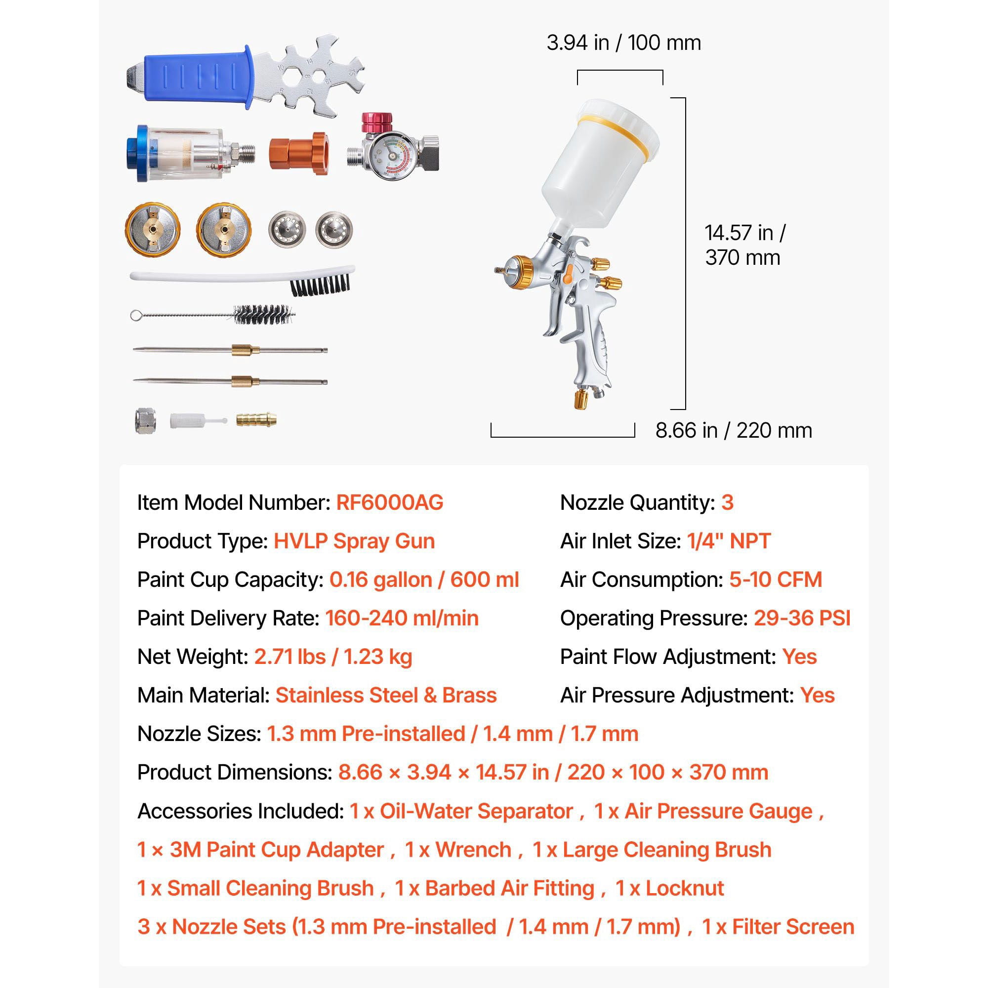 HVLP Air Spray Gun 3 Interchangeable Nozzles 1.3/1.4/1.7mm 600ml Cup 360° Rotating Cap for Automotive Furniture Industrial Spraying