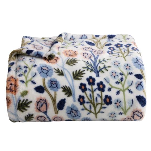 The Big One 60x72 inch Plush Throw Blanket White with Blue Peach Floral