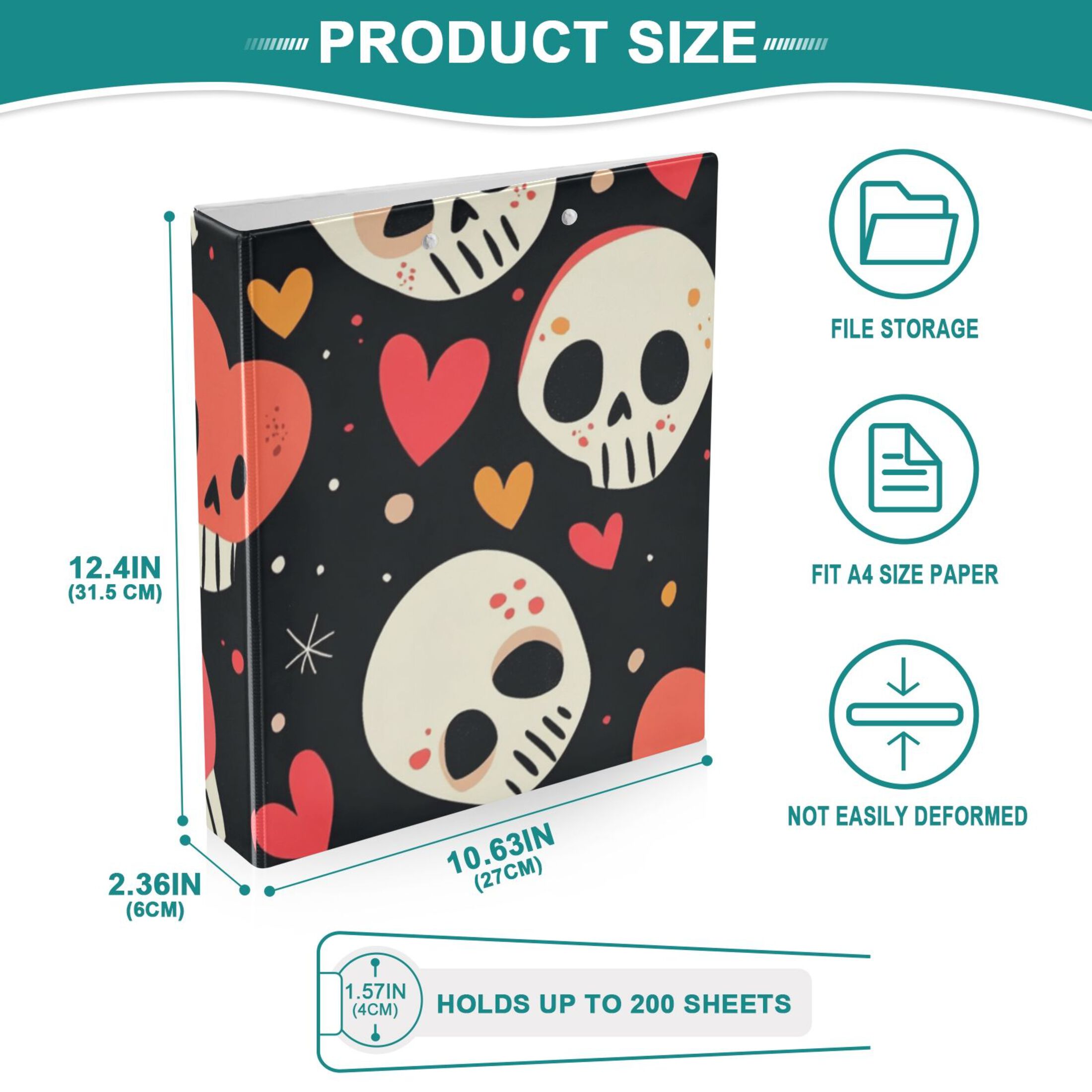 Cartoon Skulls Hearts 3 Ring Binders 1.5 inch Hardcover File Folders with Interior Pockets A4 Size Organizer for School Office Hospital
