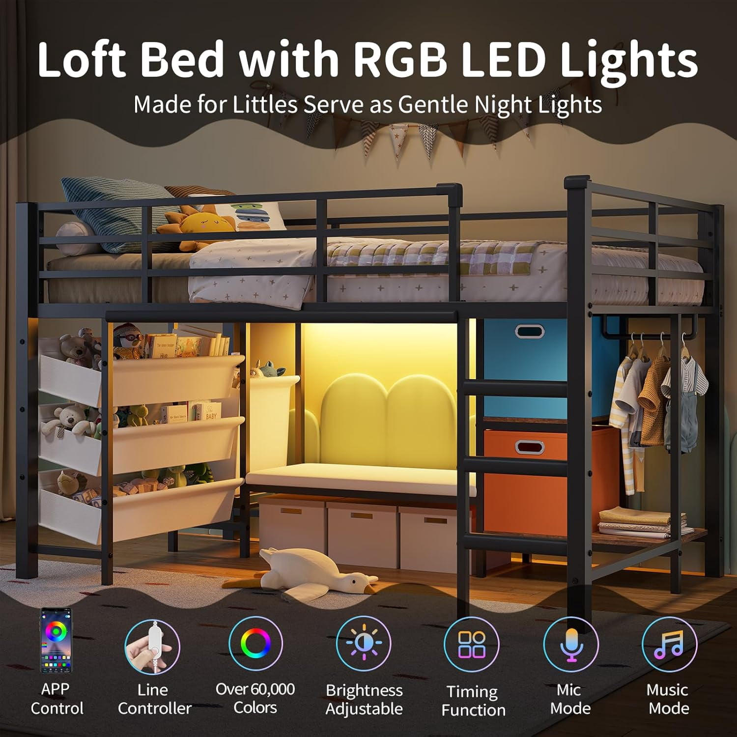 Mabor Twin Size Loft Bed with LED Lights & Reading Bench, Metal Loft Bed Frame with Bookshelf & Storage Basket & Stairs & Full-Length Guardrail for Bedroom, Black