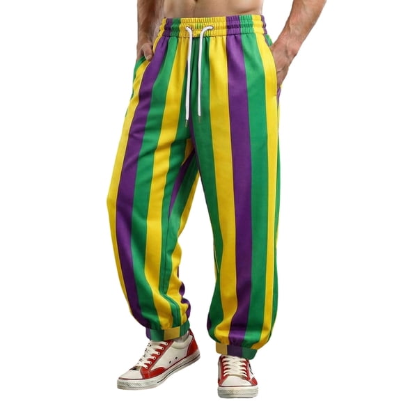 Elastic Waist Pants for Men Color Block Mardi Gras Printed Exercise Pants Comfy Relaxed Fit Joggers Sweatpants 06-Purple XL