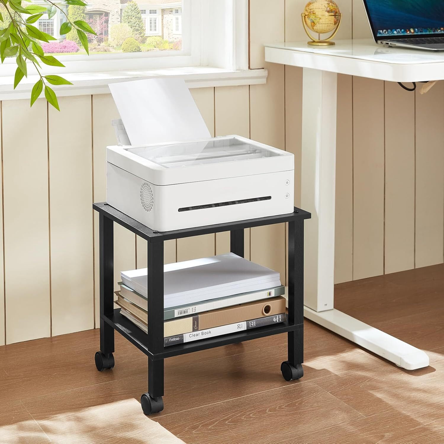 LEYAOYAO Printer Stand, 2 Tier Rolling Printer Cart with Wheels, Under Desk Printer Stand for Office, Home, Black
