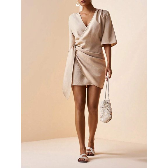 Brown Linen V-Neck Wrap Mini Dress With Side Tie, Casual Summer Style