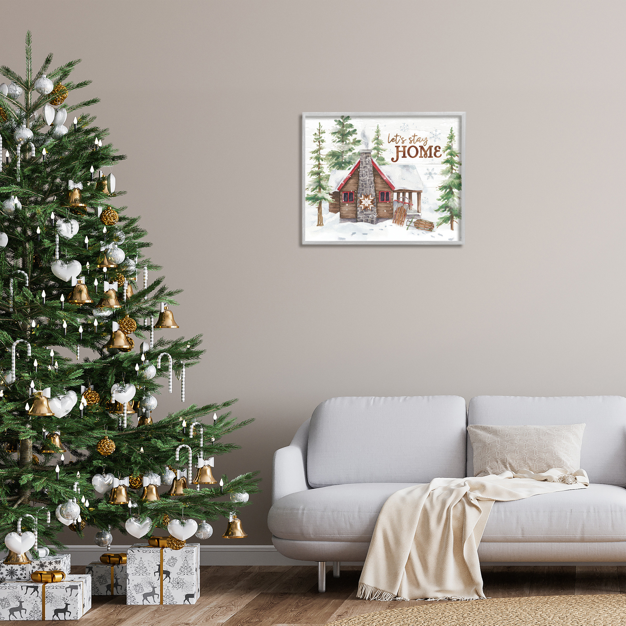 Stupell Industries Cozy Winter Cabin Phrase Landscape Painting Gray Framed Art Print Wall Art, 30 x 24