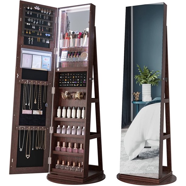 HNEBC Jewelry Organizer Mirror LED Jewelry Armoire with Door Mirror 360°Rotating Jewelry Large
