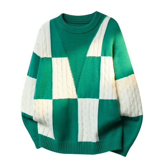 Men's Color Block Sweater Crewneck Long Sleeve Ribbed Knitted Pullover Tops Green 2XL