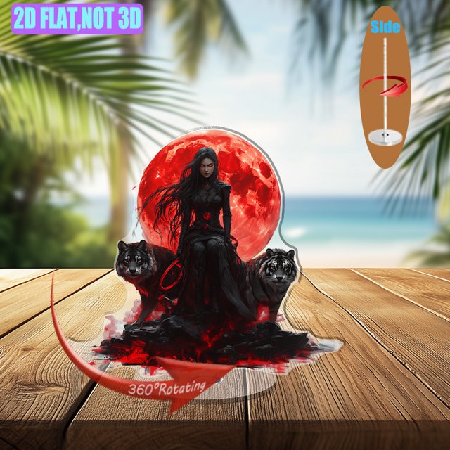 Rotating acrylic display features a dark goddess with red eyes holding a whip flanked by a fierce wolf and tiger beneath a glowing red moon