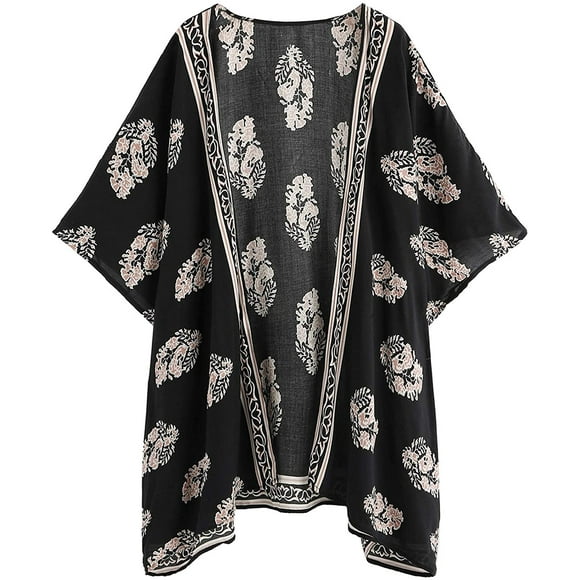 SweatyRocks Women Kimono Vintage Floral Beach Cover Up Black Medium