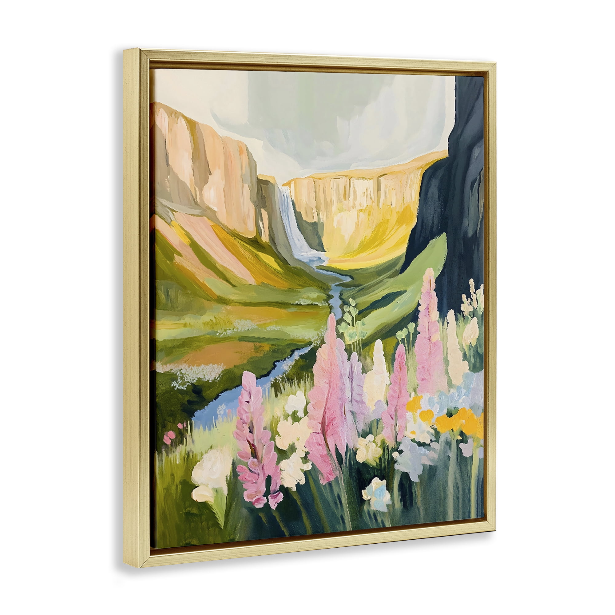 Stupell Industries Waterfall and Valley in Bloom Gold Framed Floater Canvas Wall Art, design by The Prints Vibe