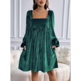 thumbnail image 6 of Women'S Loose Fit Square Neck Long Sleeve Velvet Mini Babydoll Dresses Shift Dress Dark Green M, 6 of 9