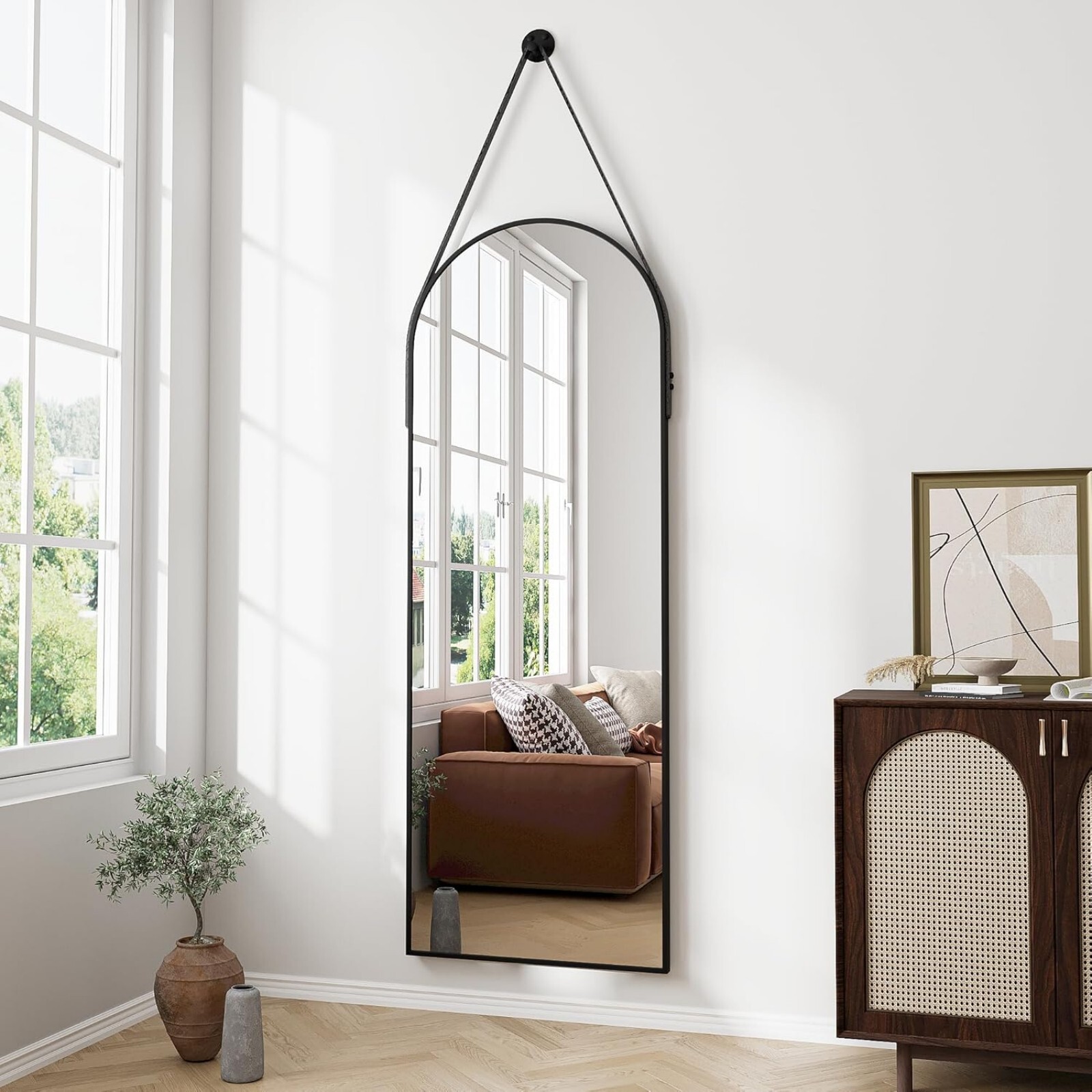 BEAUTYPEAK 48"x16" Arched Full Length Wall Mirror with Leather Hanging Straps and Aluminum Frame,Black