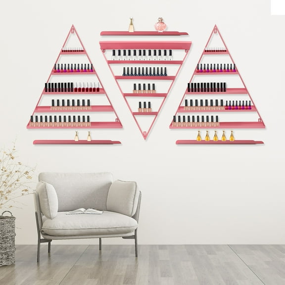 Modern Triangle 5-Tier Pink Wall Mount Iron Nail Polish Display Rack Shelf with 3x Horizontal Bars Max. Load-Bearing Capacity 110lbs 26*2.76*27.6in for Nail Salons, Salon Stores, Homes