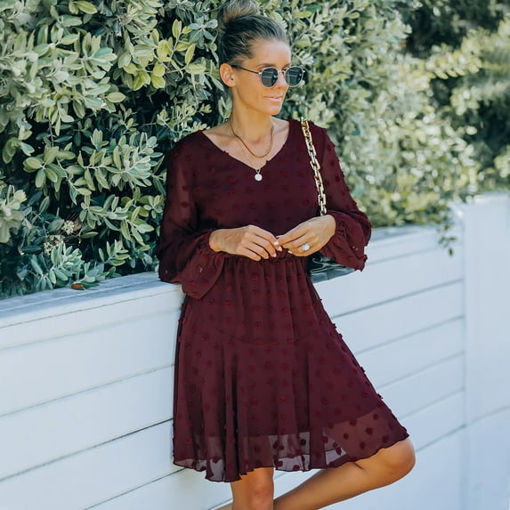 V Neck Sheer Bishop Sleeve Clip Dot Light Dress Above Knee Length