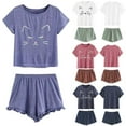 thumbnail image 2 of Ensemble de Vêtements de Nuit Décontractés pour Femmes Pyjama Ensemble Court à Col Rond Manches Cartoon Top Shorts, 2 of 9
