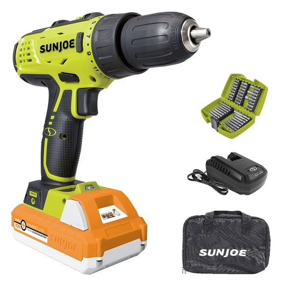 Sun Joe 24V-DDK-LTX 24V IONMAX Cordless 2-Speed Drill Driver Kit, w/ 1.5-Ah Battery & Charger, Magnetic Screw Tray, Built-in Bubble Level, and more, 265 In-Lbs Torque, 24-Positions, Gr