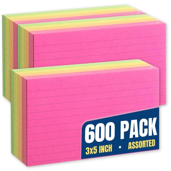 1InTheOffice Colored Index Cards 3x5, Ruled Neon Index Cards, Assorted, 600 Pack