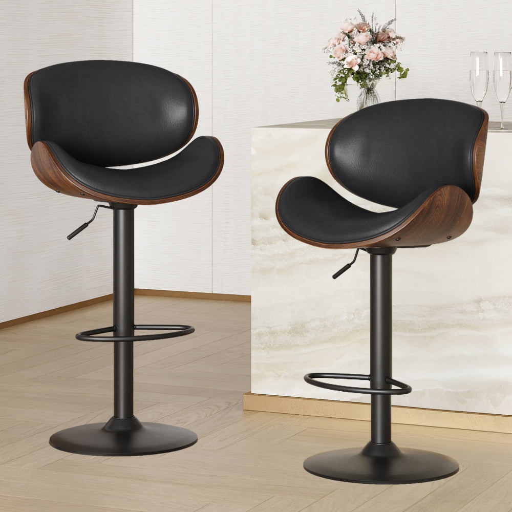 A set of 2 height-adjustable swivel bar stools with PU leather seats and backrests, featuring footrests, suitable for kitchen bar counters or home bars