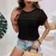 thumbnail image 1 of Camiseta de empalme ahuecada de encaje para mujer, Tops tejidos de Color sólido para mujer, camisetas de manga corta con cuello redondo informales cómodas para mujer, 1 of 4