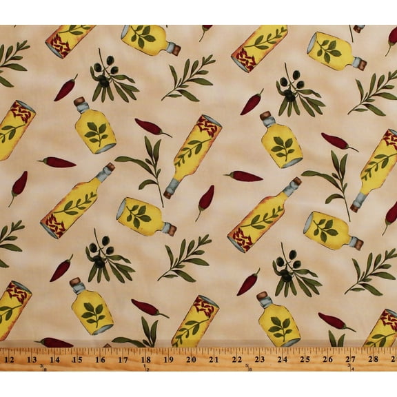 Cotton Twill Lite Olive Oil Bottles Olives Peppers Italian Mediterranean Mottled Tan 60" Wide Kitchen Home Decor Fabric by the Yard (WT1148)
