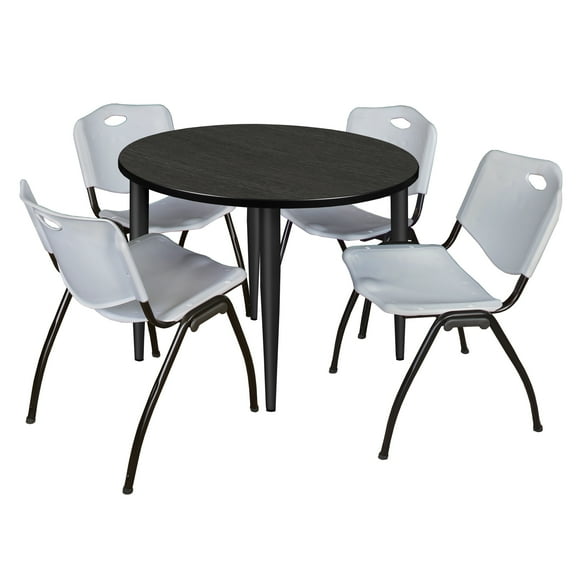 Regency Kahlo 42 in. Round Breakroom Table- Ash Grey Top, Black Base & 4 M Stack Chairs- Grey